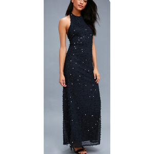 Cielo Navy Blue Sequin Halter Maxi Dress